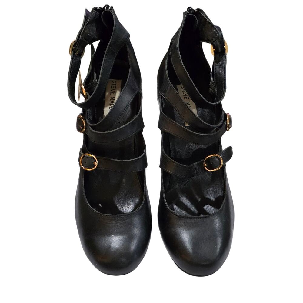 Steve Madden Black Strappy Buckle Heels Genuine Leather Rare
